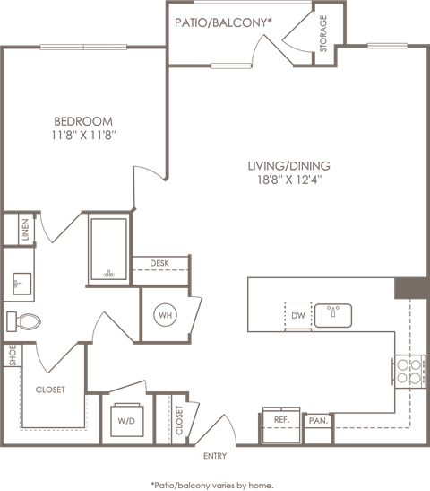 Floor plan for 1 bed, 1 bath, 925 sqft